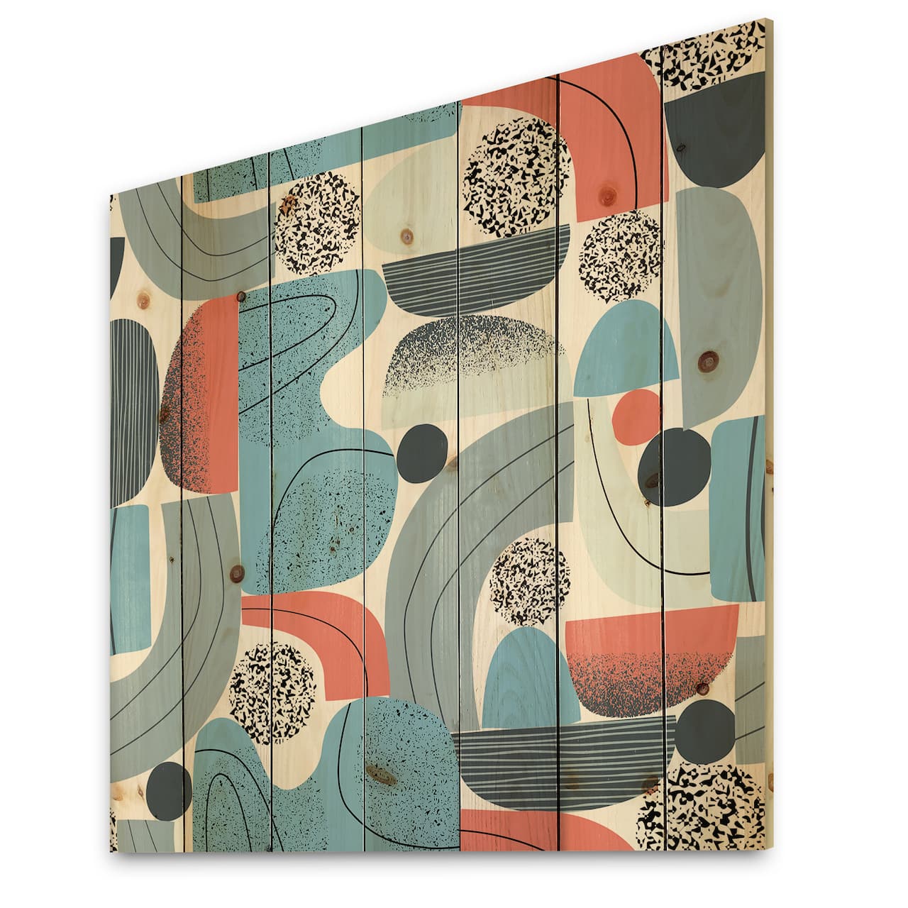 Designart - Retro Shapes With Abstract Suns and Moons II - Modern Print on Natural Pine Wood